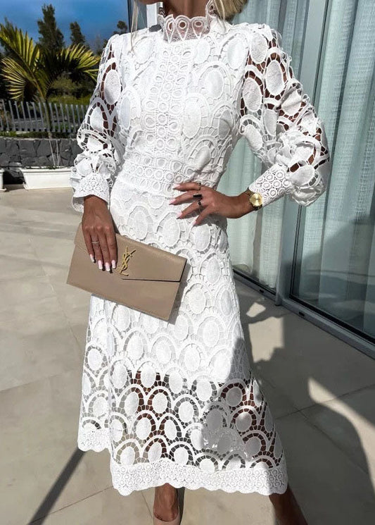 French Rose Stand Collar Puff Sleeve Lace Dress
