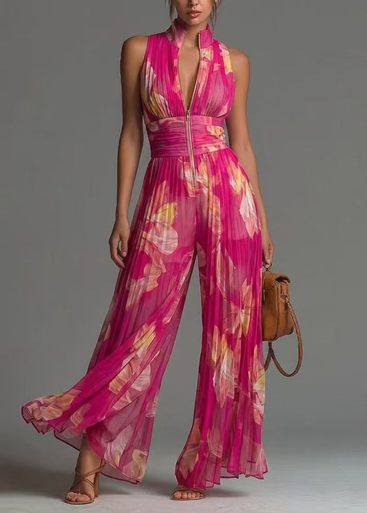French Rose Stand Collar Wrinkled Print Chiffon Jumpsuits Sleeveless