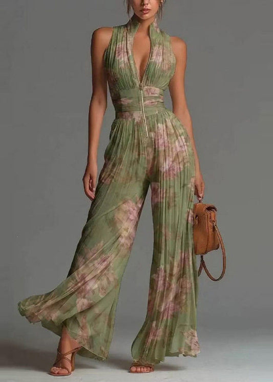 French Rose Stand Collar Wrinkled Print Chiffon Jumpsuits Sleeveless