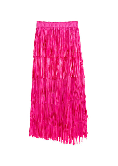 French Rose Tasseled Patchwork Elastic Waist Skirts Summer