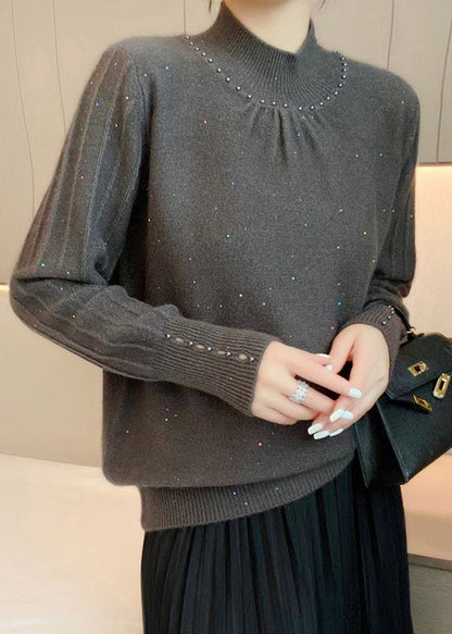 French Rose Turtleneck Nail Bead Patchwork Woolen Top Fall