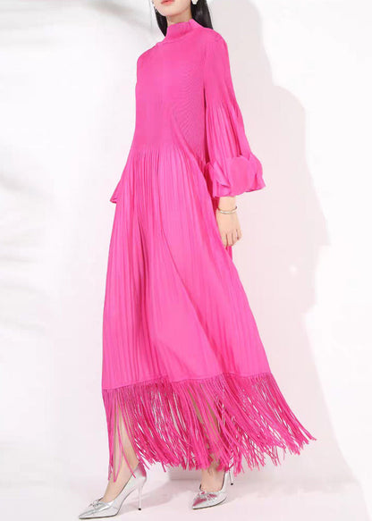 French Rose Turtleneck Wrinkled Tasseled Cotton Long DressesFall