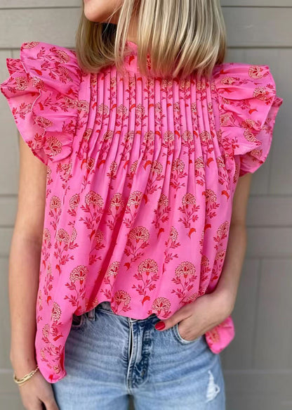 French Rose Wrinkled Print Chiffon Shirt Butterfly Sleeve