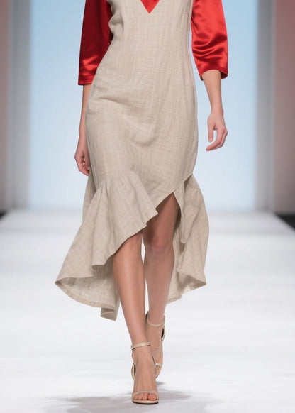 French Ruffled Asymmetrical Patchwork Linen Silk Dress Summer