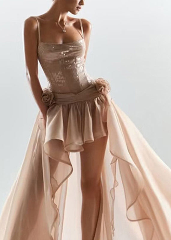 French Ruffled Sequins Patchwork Maxi Spaghetti Strap Dresses Summer