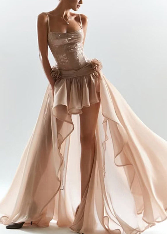French Ruffled Sequins Patchwork Maxi Spaghetti Strap Dresses Summer