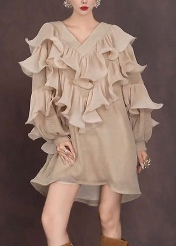 French Ruffled V Neck Ruffled Mid Dress Lantern Sleeve