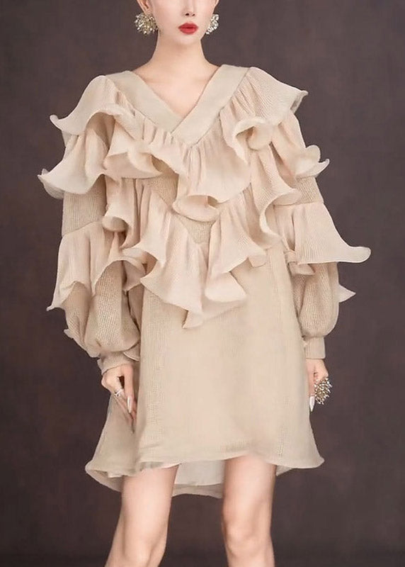 French Ruffled V Neck Ruffled Mid Dress Lantern Sleeve