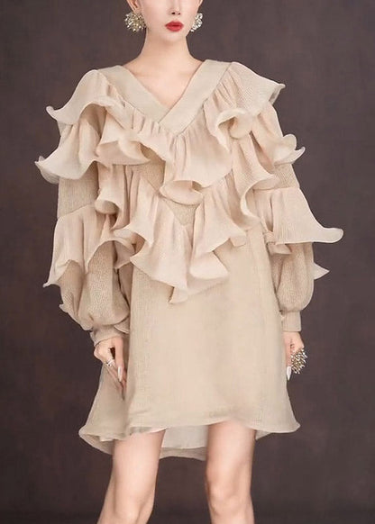 French Ruffled V Neck Ruffled Mid Dress Lantern Sleeve