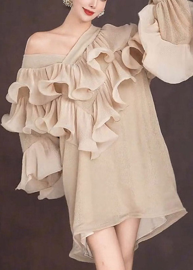 French Ruffled V Neck Ruffled Mid Dress Lantern Sleeve