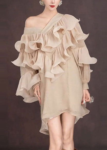 French Ruffled V Neck Ruffled Mid Dress Lantern Sleeve