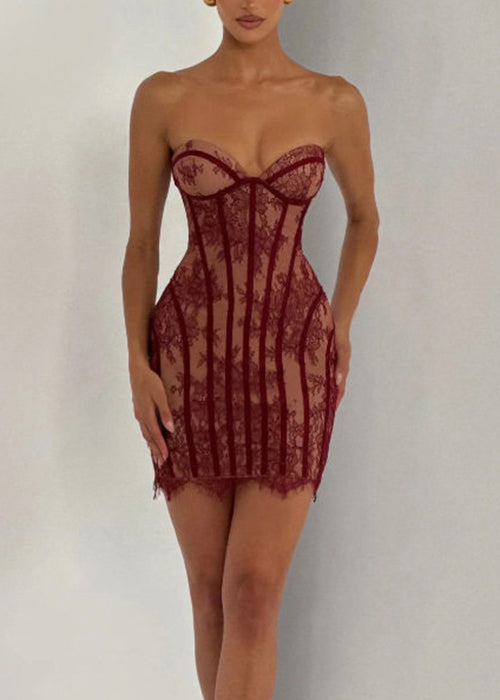 French Sexy Black Lace Strapless Fishbone Waist Dress Summer