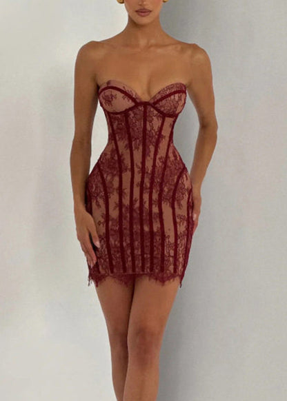 French Sexy Black Lace Strapless Fishbone Waist Dress Summer