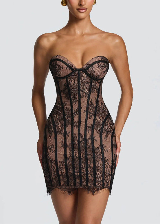 French Sexy Black Lace Strapless Fishbone Waist Dress Summer