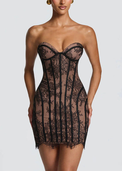 French Sexy Black Lace Strapless Fishbone Waist Dress Summer