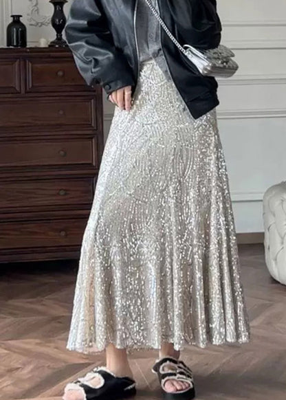 French Silver High Waist Sequins Maxi Skirts Summer