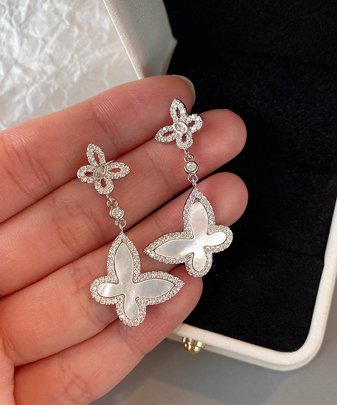 French Silver Zircon White Shell Butterfly Earrings