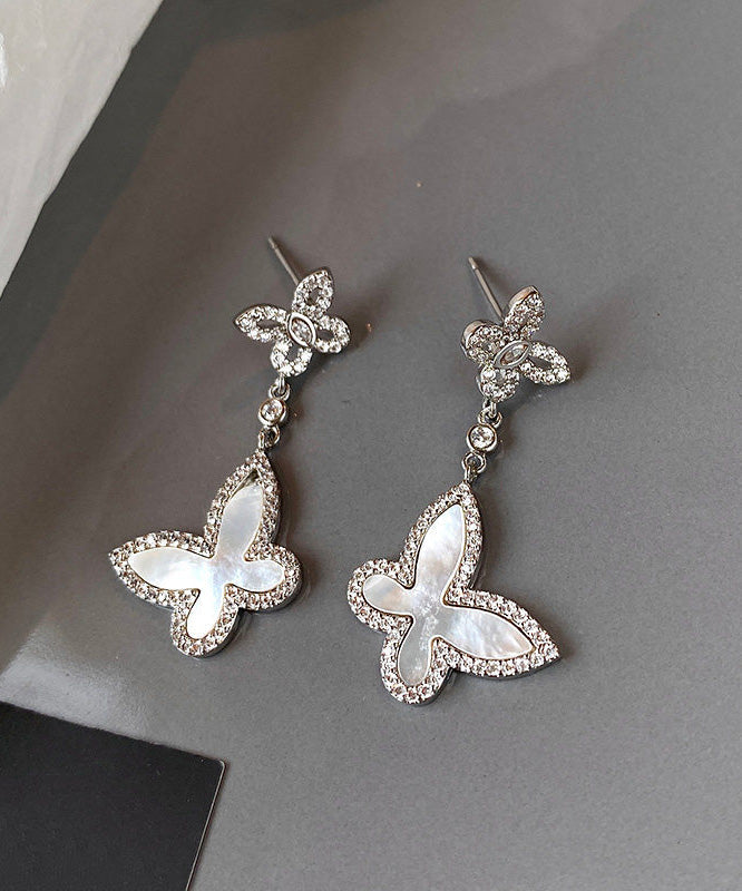 French Silver Zircon White Shell Butterfly Earrings