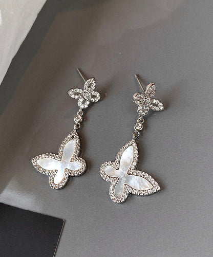French Silver Zircon White Shell Butterfly Earrings