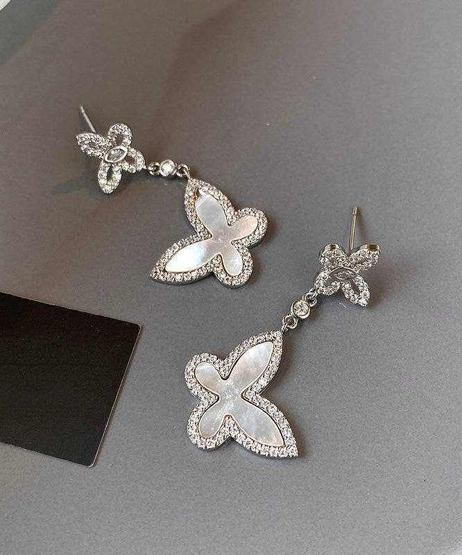 French Silver Zircon White Shell Butterfly Earrings