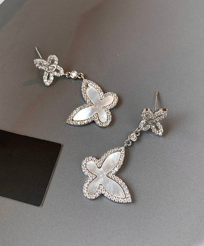 French Silver Zircon White Shell Butterfly Earrings