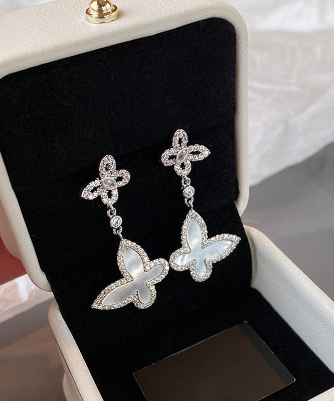 French Silver Zircon White Shell Butterfly Earrings