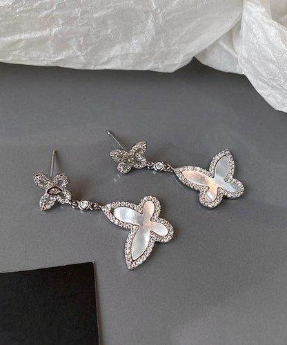 French Silver Zircon White Shell Butterfly Earrings