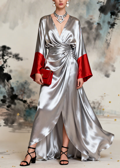 French Silvery Exra Large Hem Side Open Patchwork Silk Dresses Long Sleeve