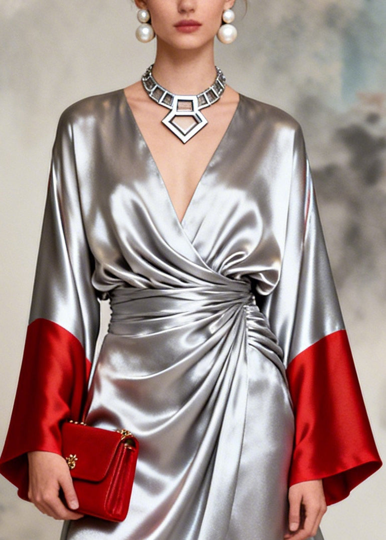 French Silvery Exra Large Hem Side Open Patchwork Silk Dresses Long Sleeve