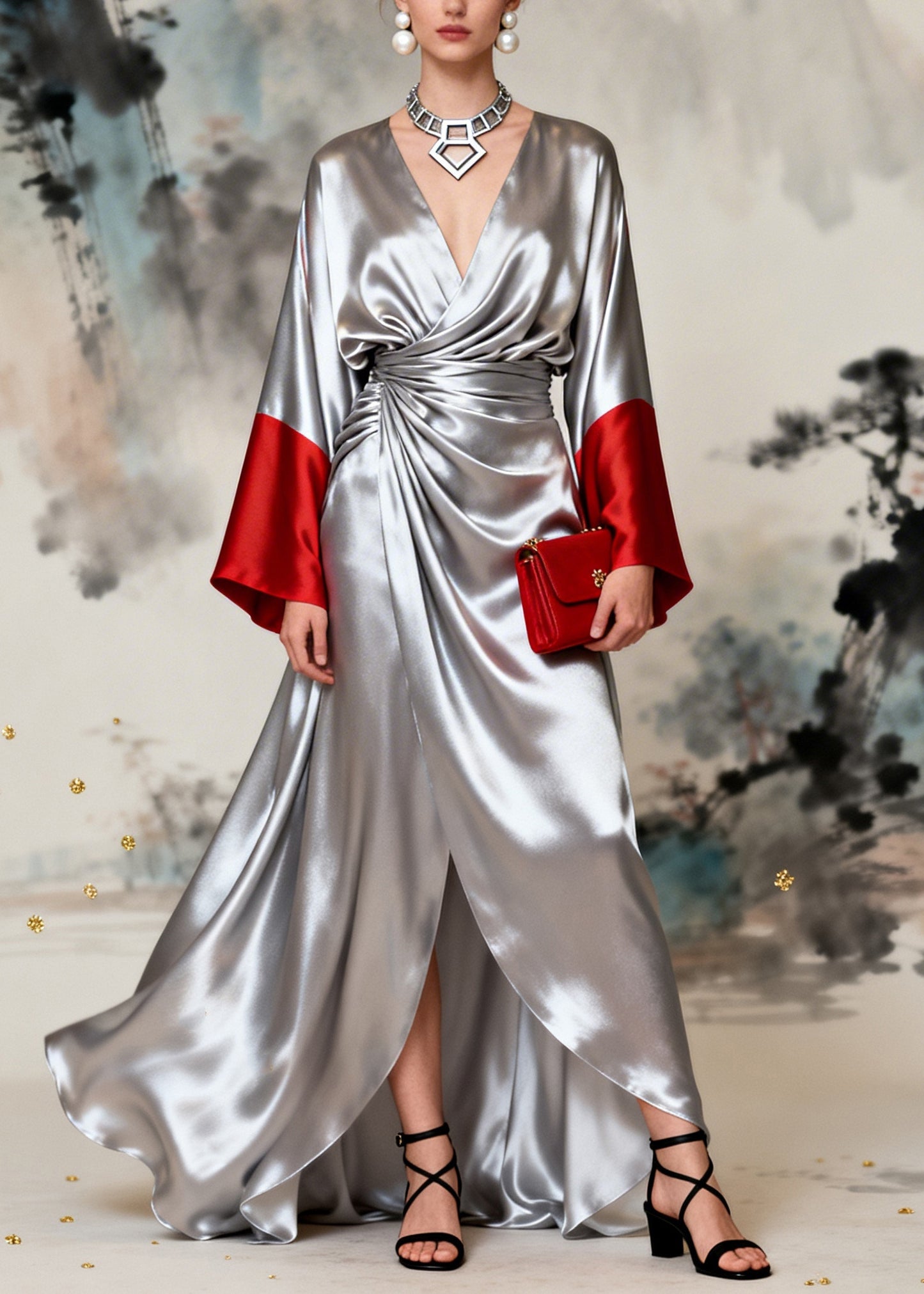 French Silvery Exra Large Hem Side Open Patchwork Silk Dresses Long Sleeve