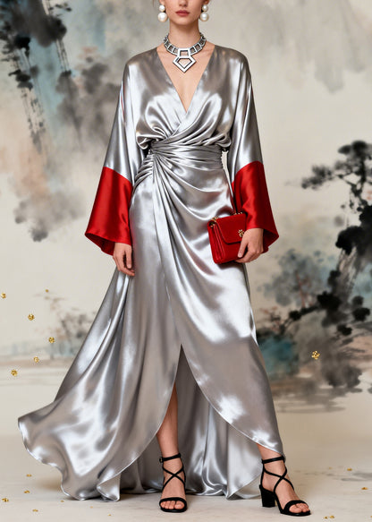 French Silvery Exra Large Hem Side Open Patchwork Silk Dresses Long Sleeve