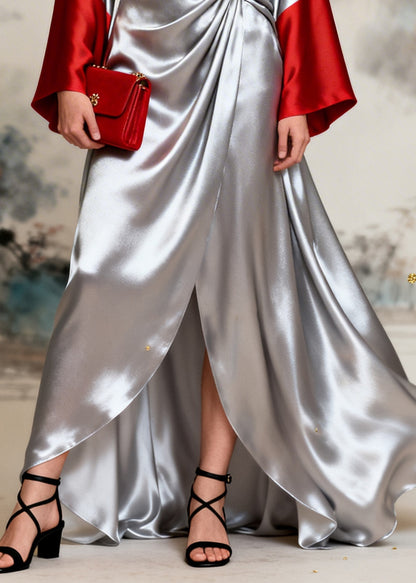 French Silvery Exra Large Hem Side Open Patchwork Silk Dresses Long Sleeve