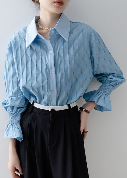 French Sky Blue Embroidered Striped Cotton Shirt Tops Flare Sleeve