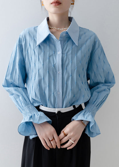 French Sky Blue Embroidered Striped Cotton Shirt Tops Flare Sleeve