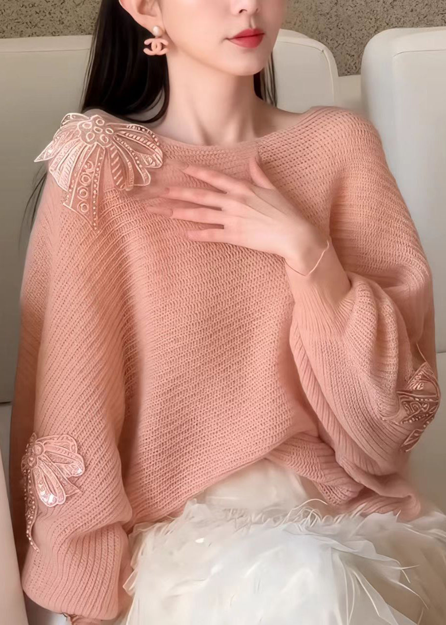 French Slash Neck Bow Sequins Knit Sweater Fall