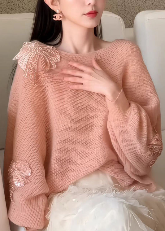 French Slash Neck Bow Sequins Knit Sweater Fall