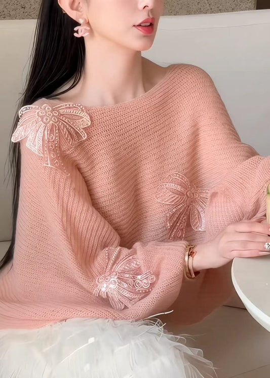 French Slash Neck Bow Sequins Knit Sweater Fall