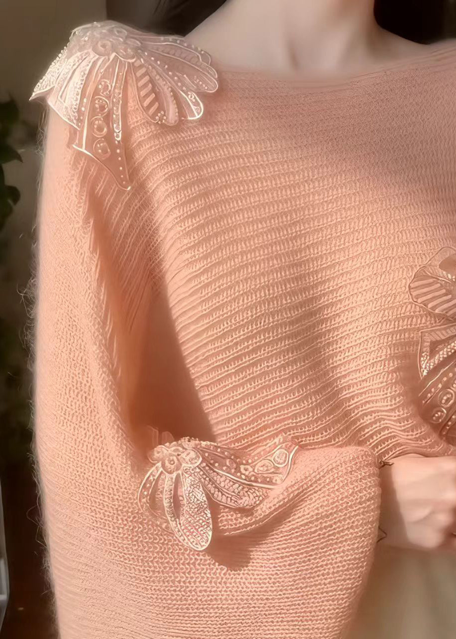 French Slash Neck Bow Sequins Knit Sweater Fall