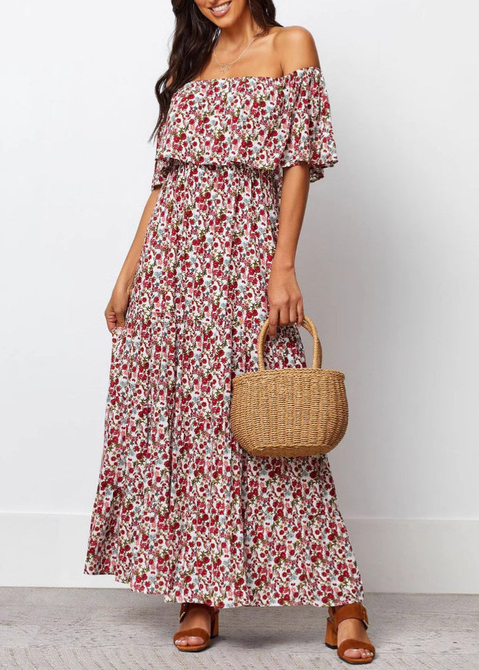 French Slash Neck Print Cotton Maxi Dresses Summer