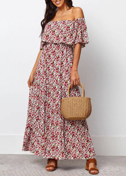 French Slash Neck Print Cotton Maxi Dresses Summer