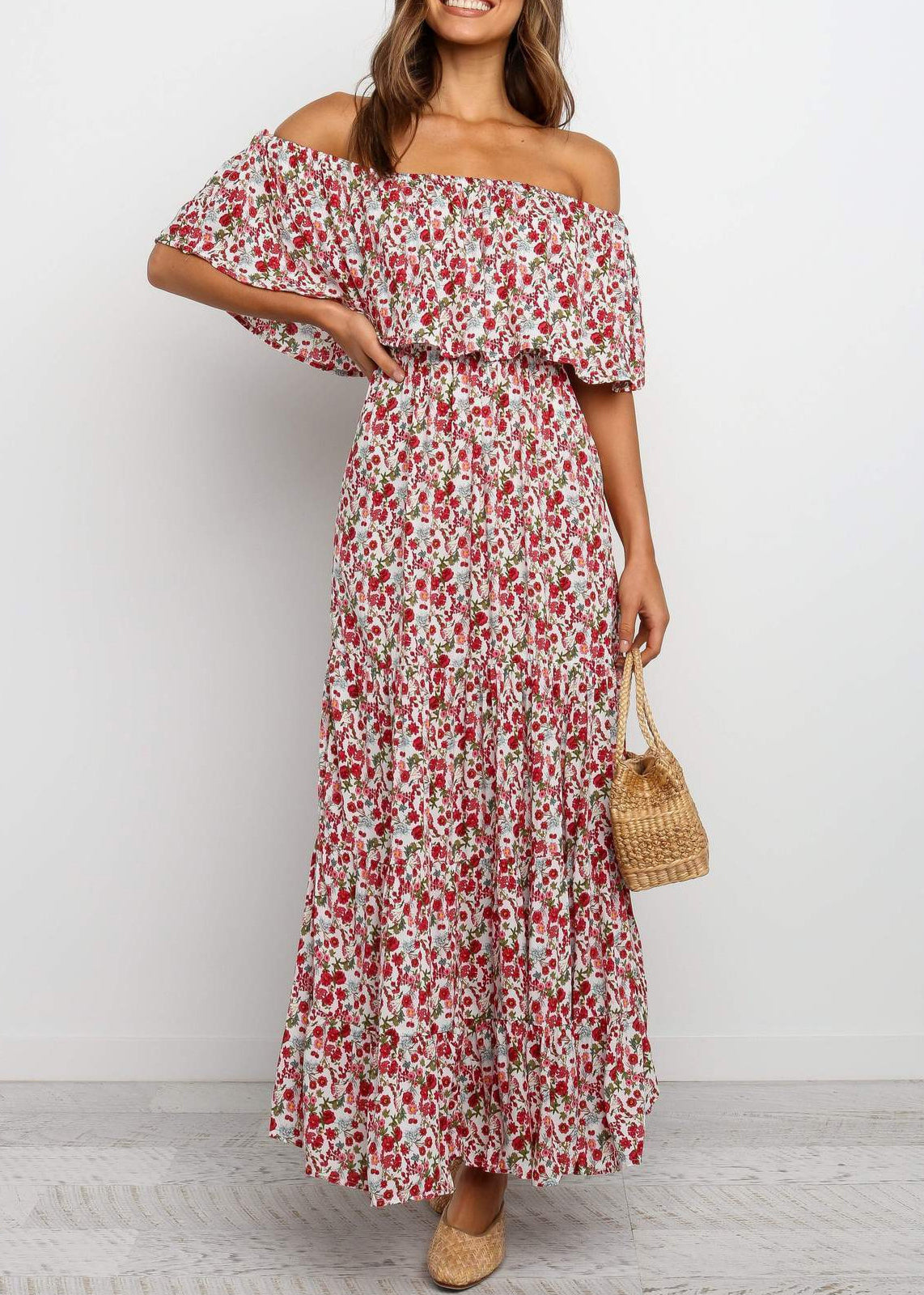French Slash Neck Print Cotton Maxi Dresses Summer