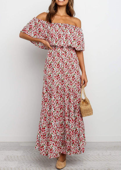 French Slash Neck Print Cotton Maxi Dresses Summer