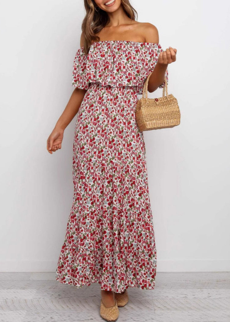 French Slash Neck Print Cotton Maxi Dresses Summer
