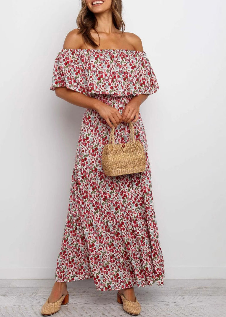 French Slash Neck Print Cotton Maxi Dresses Summer