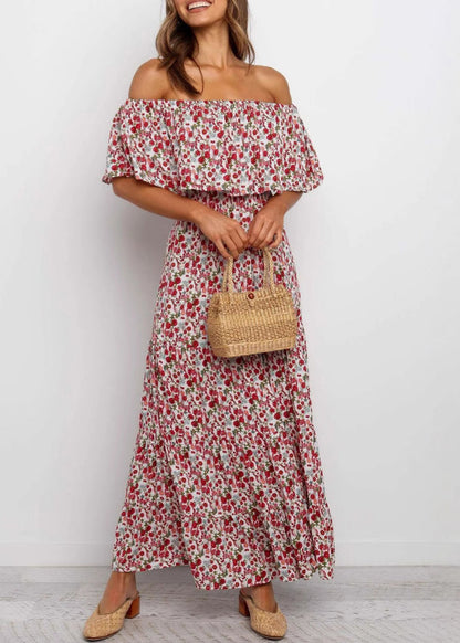 French Slash Neck Print Cotton Maxi Dresses Summer