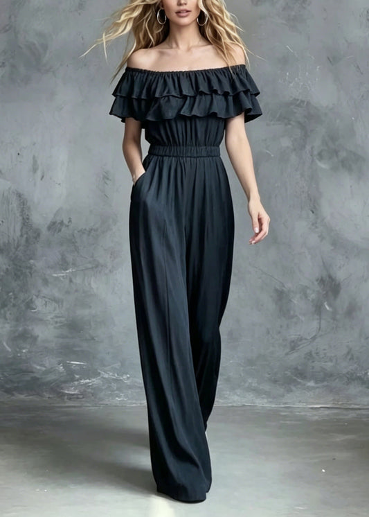 French Slash Neck Ruffled Patchwork Cotton Jumpsuit Summer