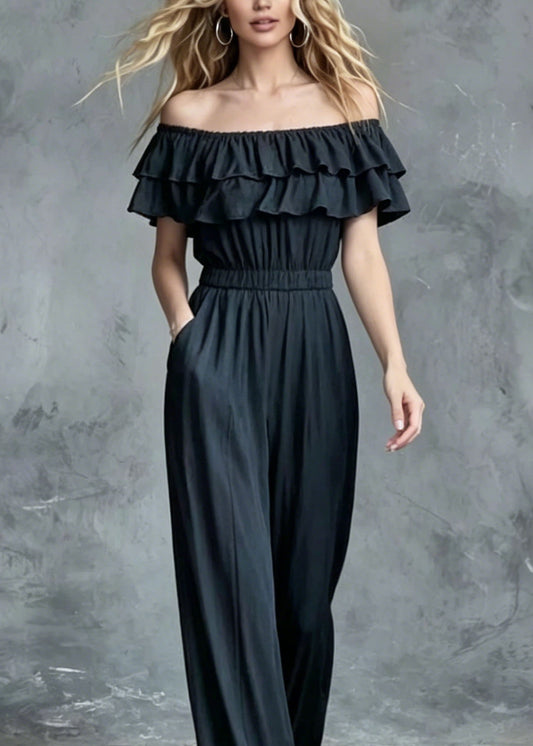 French Slash Neck Ruffled Patchwork Cotton Jumpsuit Summer