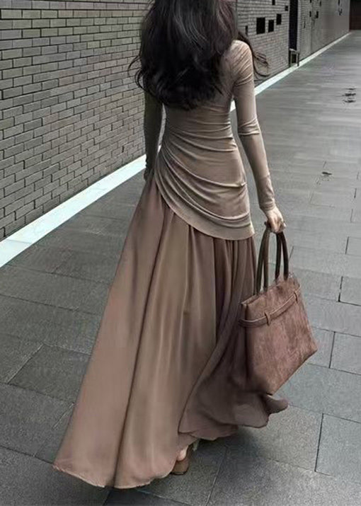 French Smoke Pink Patchwork Slim Fit Long Dresses Spring