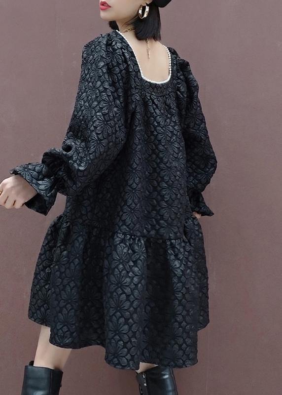 French Square Collar Patchwork Spring Tunic Sewing Black Flower Dress - SooLinen