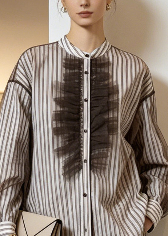 French Striped Button Tulle Shirt Long Sleeve